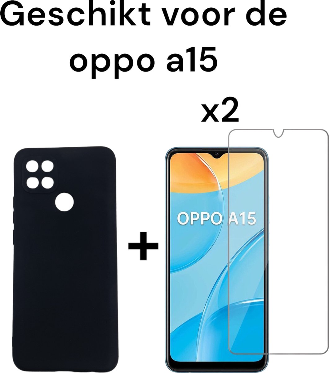 OPPO A15 siliconen zwart hoesje + 2x screen protector OPPO A15 black back cover TPU + 2x tempered glas 9H