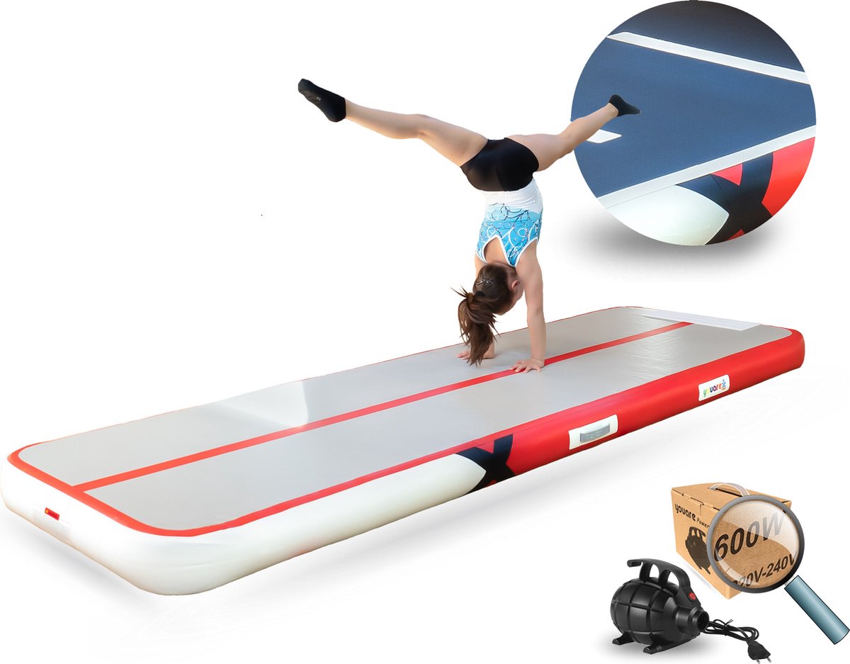 YouAre AirTrack Pro 4.0 | 3 meter — 15cm dik | Turnmat | Gymnastiek | Gymmat | Speelmat | Yogamat | Opblaasbaar | Waterproof | incl. 600W sterke YouAre miniblower — 3m Gym fitness mat met elektrische luchtpomp