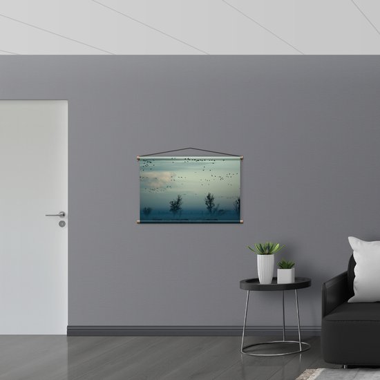 WallClassics - Affiche Textile - Paarden dans la Brume - 90x60 cm Photo sur Textile