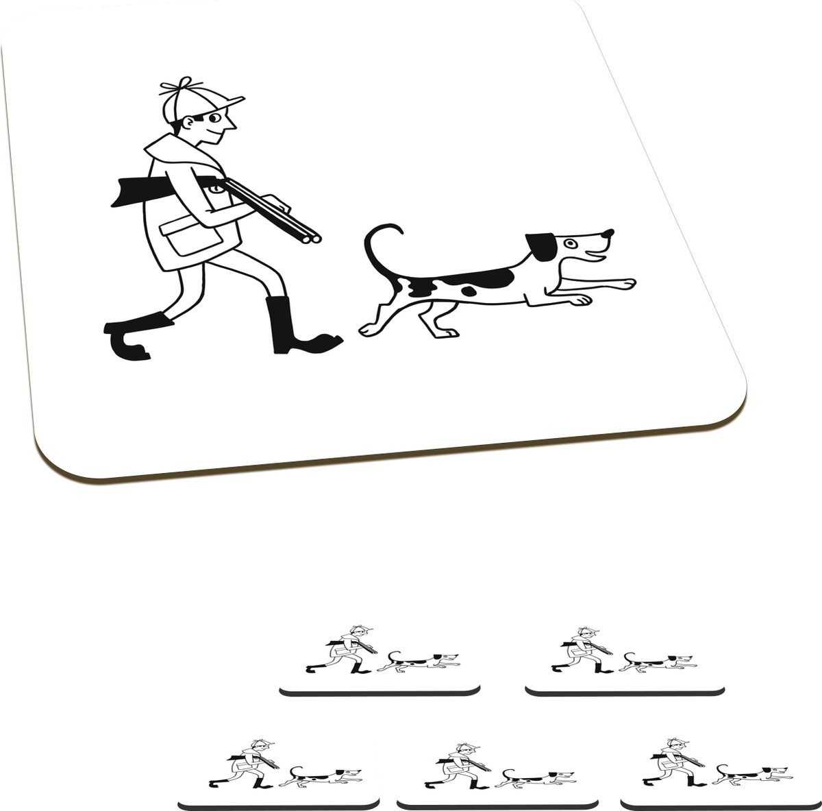 Onderzetters voor glazen - Een illustratie van een jager met een jachthond - 10x10 cm - Glasonderzetters - 6 stuks