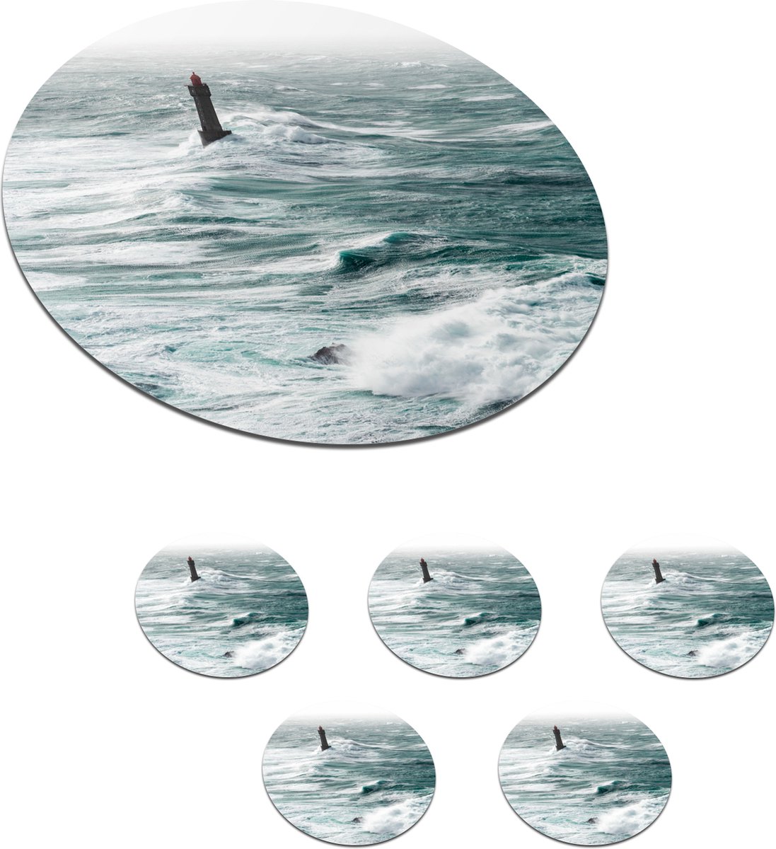 Onderzetters voor glazen - Rond - Vuurtoren - Golf - Zee - 10x10 cm - Glasonderzetters - 6 stuks