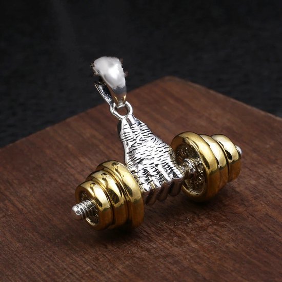 Hals ketting met dumbbell. Hanger Goud met zilver kleur in de vorm van een fitness halter. Zilverkleurige hals ketting 60 cm met fitness hanger. Wordt in luxe verpakking geleverd.