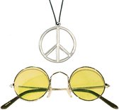 Widmann - Hippie Flower Power verkleed set peace ketting en ronde gele glazen party bril