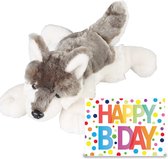 Ravensden - Verjaardag cadeau wolf 25 cm met Happy Birthday wenskaart
