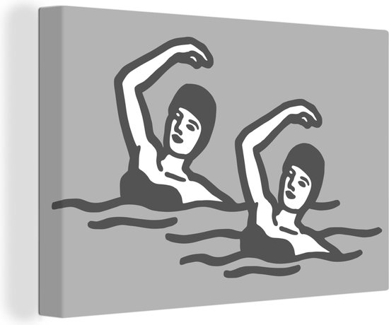 Canvas Schilderij Een illustratie van twee vrouwen die synchroon zwemmen - zwart wit - 120x80 cm - Wanddecoratie