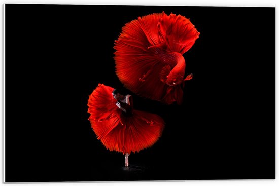 WallClassics - Plaque en Mousse PVC - Danseuse avec Robe Rouge et Poisson - Photo 60x40 cm sur Plaque en Mousse PVC (Avec Système d'accrochage)
