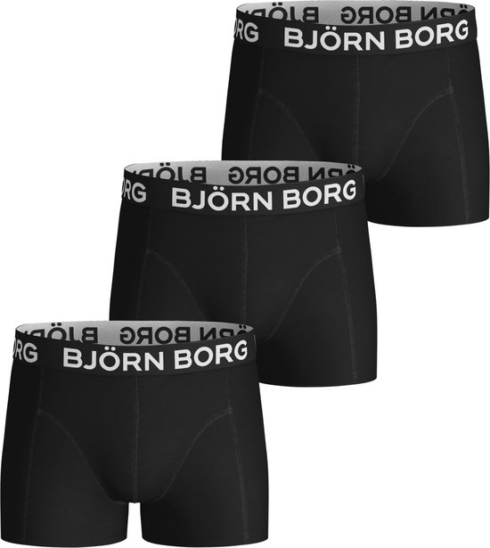 Drie zwarte Björn Borg boxershorts gestapeld, met wit logo op de band.