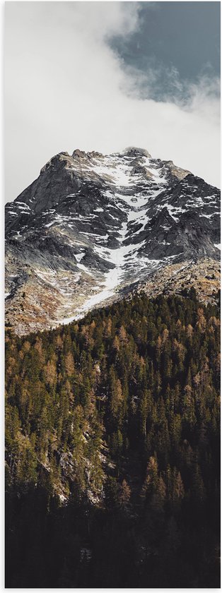 WallClassics - Poster Glanzend – Berg achter het Bos - 30x90 cm Foto op Posterpapier met Glanzende Afwerking