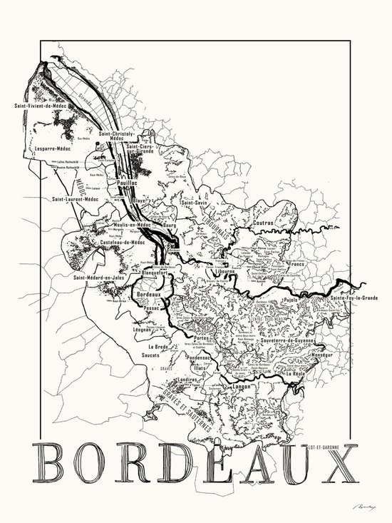 Affiche noir et blanc - carte des vins Bordeaux - amateur de vin - 50 x 70 cm