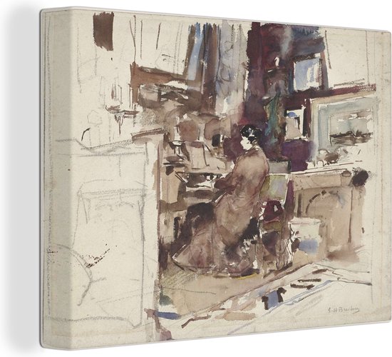 Dame in atelier achter harmonium - Schilderij van George Hendrik Breitner Canvas 40x30 cm - Foto print op Canvas schilderij (Wanddecoratie woonkamer / slaapkamer)