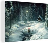 Canvas Schilderij Olieverf schilderij van een kabouter in een winters landschap - 40x30 cm - Wanddecoratie