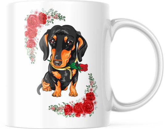 Dog Lover Mug avec image : teckel avec rose et roses autour