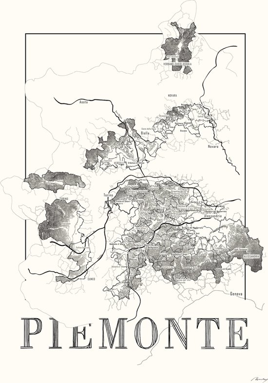 Poster zwart wit - Piemonte - wijnkaart - wijnliefhebber - 50 x 70 cm