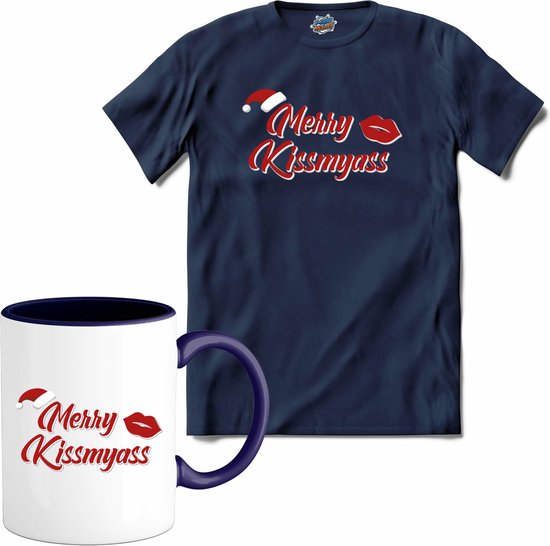 Merry kissmyass - T-Shirt met mok - Heren - Navy Blue - Maat 3XL