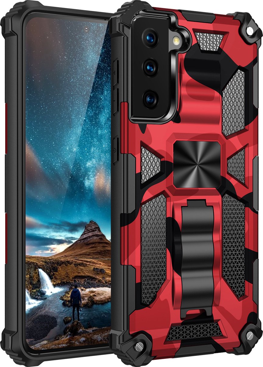 Samsung S21 hoesje rugged extreme backcover met kickstand Camouflage - Rood
