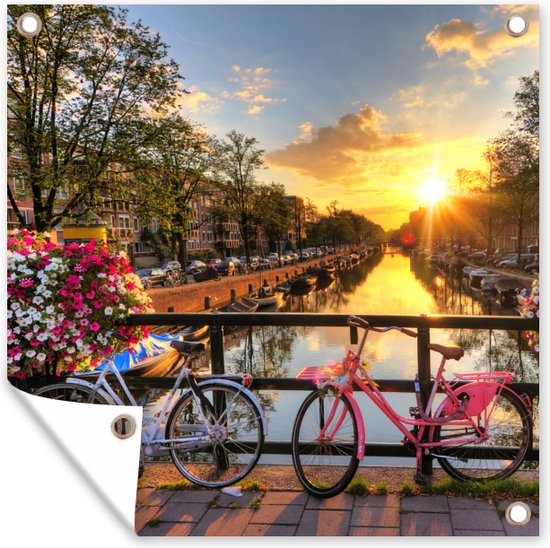Toile de jardin Amsterdam - Fleurs - Pont - Vélo - Coucher de soleil - 100x100 cm