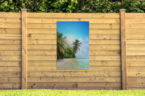 Tuinposter 80x120 cm - Tuindecoratie Zee - Palmboom - Strand - Tropisch - Blauw - Groen - Poster voor in de tuin - Buiten decoratie - Schutting tuinschilderij - Tuindoek muurdecoratie - Wanddecoratie balkondoek