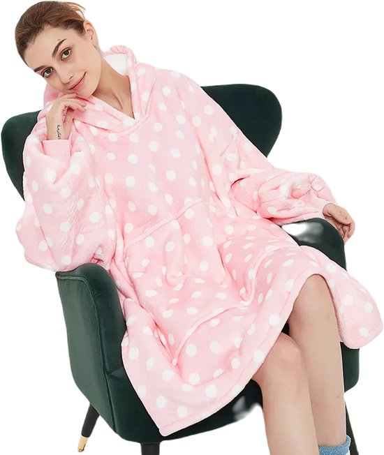 Q-Living Hoodie Deken - Snuggie - Plaid Met Mouwen - Snuggle Hoodie - Fleece Deken Met Mouwen - 1450 gram - Roze Met Witte Stippen