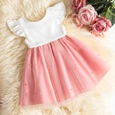 Baby jurk - meisjes jurk - feestjurk - roze - wit - nette jurk - korte mouw - prinses - prinsessenjurk - tule - parel - feest - baby - babyjurk - meisjes jurk - maat 92/98