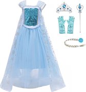 Prinsessenjurk Meisje - Verkleedjurk - maat 92/98 (100) - Tiara - Kroon - Toverstaf - Handschoenen - Juwelen - Verkleedkleren Meisje - Prinsessen Verkleedkleding - Carnavalskleding Kinderen - Blauw - Cadeau Meisje