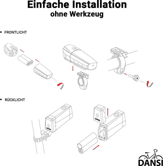 DANSI Kit Éclairage Vélo StVZO - Phare 30 Lux + Feu Arrière - Montage Sans Outil