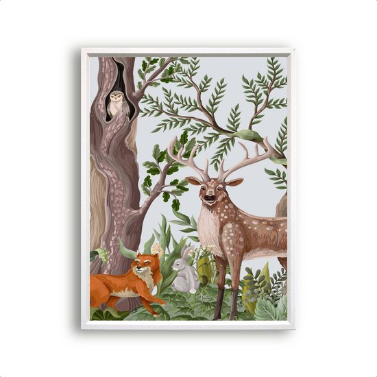 Postercity - Poster Vos Konijn Uil Eland in het Bos aquarel / waterkleur handgetekend midden - Bos Dieren Poster - Kinderkamer / Babykamer - 40x30cm