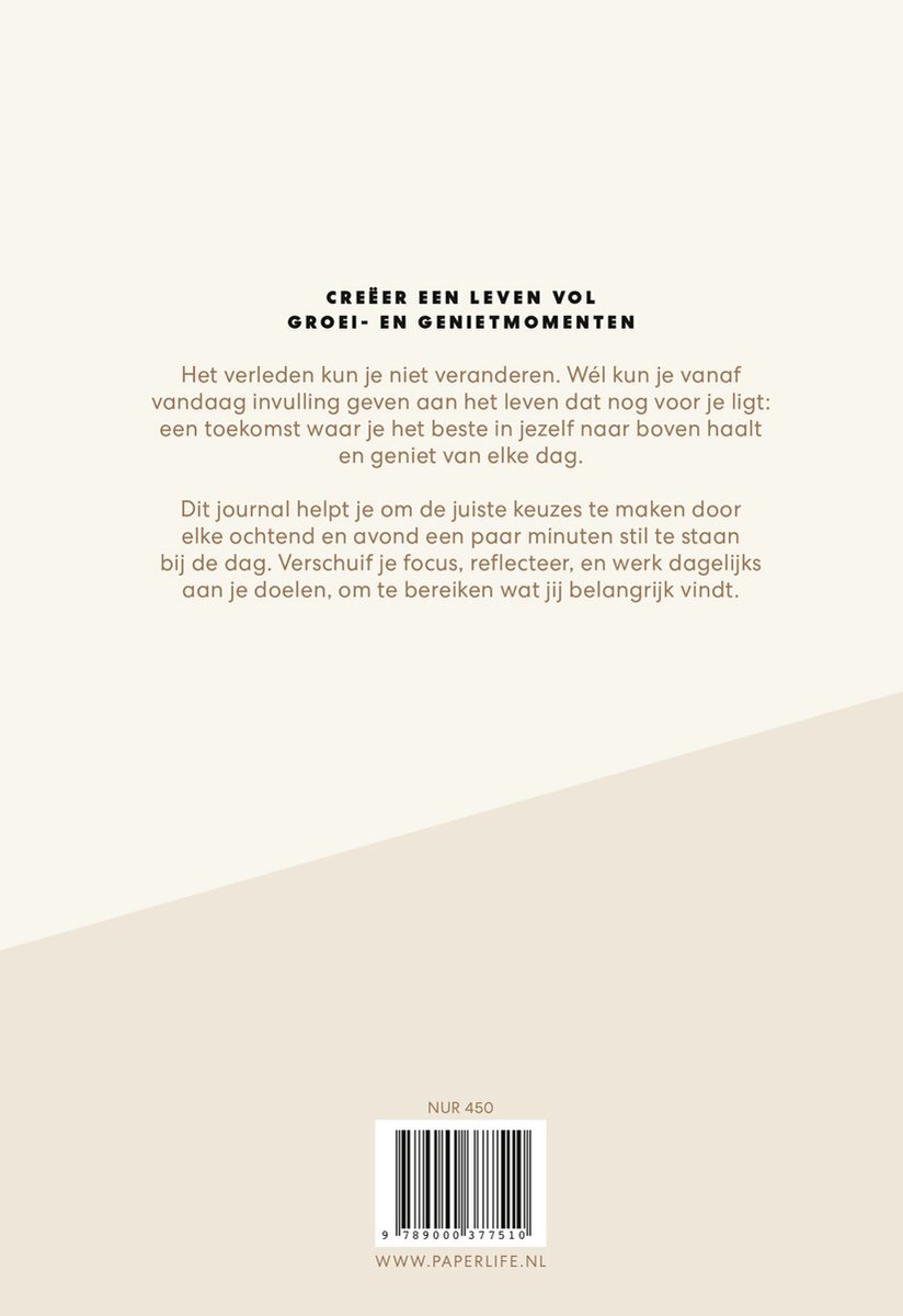 Achterkant van een notitieboek met de tekst 'Creëer een leven vol groei- en genietmomenten' en details over de inhoud.