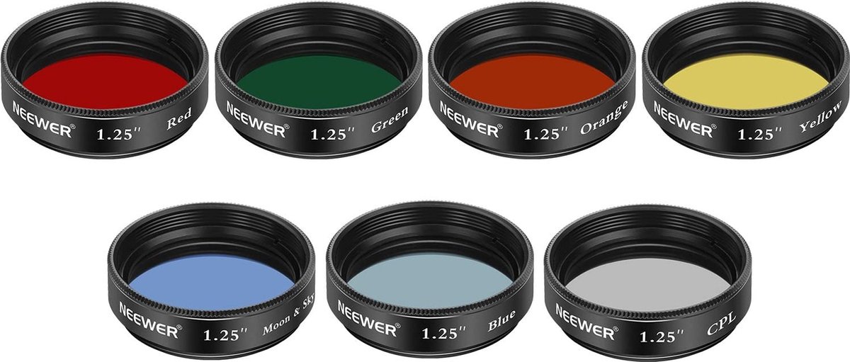 Neewer® - Filter Set voor 3cm Telescoop - Maanfilter, CPL Filter, Filters met 5 Kleuren (Rood, Oranje, Geel, Groen, Blauw), Oogfilters voor Planetair Maanobservatie
