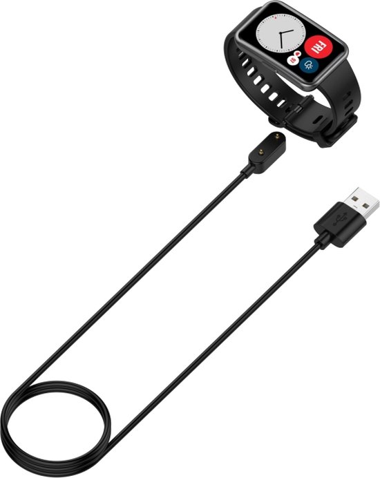 Zwarte USB-oplaadkabel met magnetische connector naast een zwarte Huawei Watch.