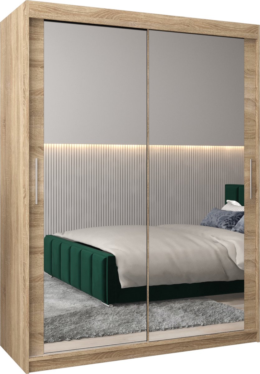 InspireME Kledingkast met 2 schuifdeuren, Modern-stijl, Kledingkast met planken (BxHxD): 150x200x62 - TORM III 150 Sonoma Eik met 2 lades