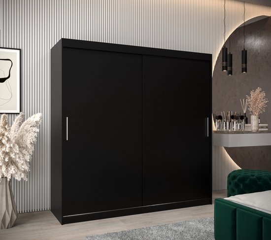 InspireMe - Armoire avec 2 portes coulissantes, Style moderne, Armoire avec étagères (LxHxP): 200x200x62 - TORM 200 Zwart Mat