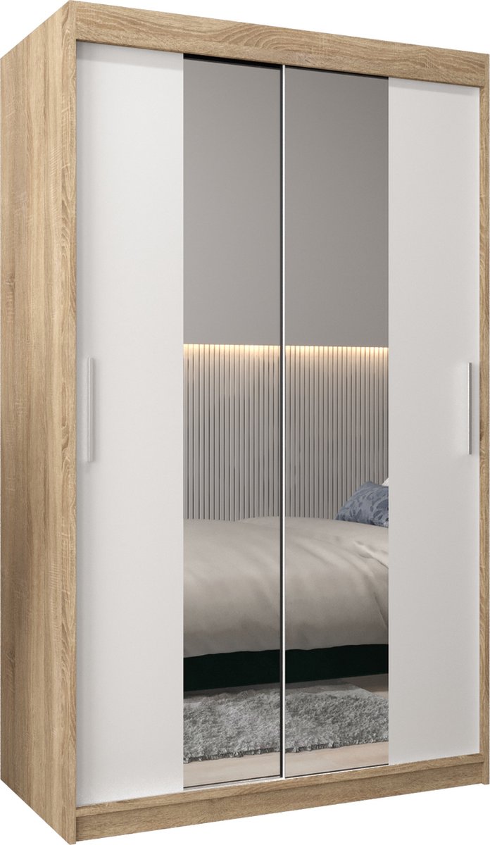 InspireMe - Kledingkast met 2 schuifdeuren, Modern-stijl, Kledingkast met planken (BxHxD): 120x200x62 - TORM I 120 Sonoma Eik + Wit Mat met 2 lades