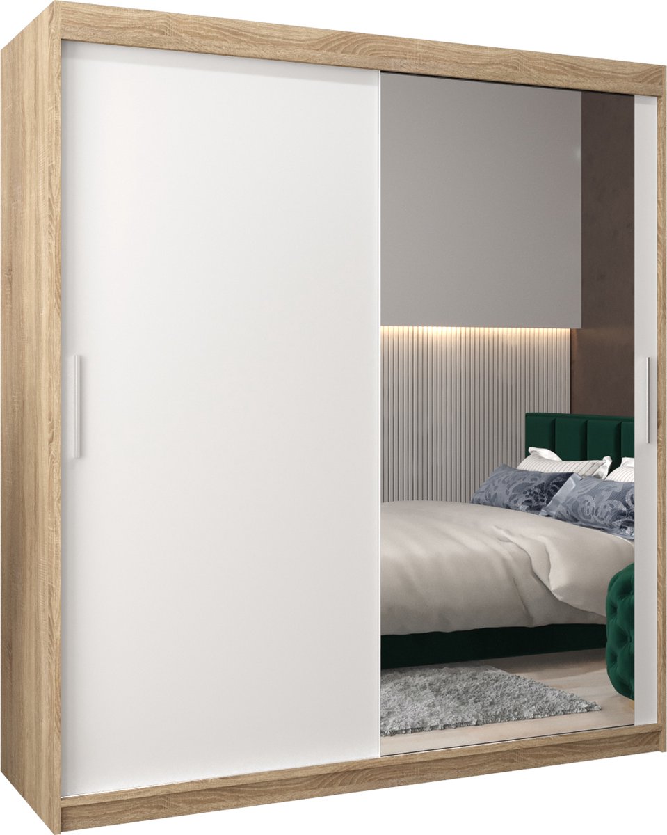InspireME Kledingkast met 2 schuifdeuren, Modern-stijl, Kledingkast met planken (BxHxD): 180x200x62 - TORM II 180 Sonoma Eik + Wit Mat met 4 lades