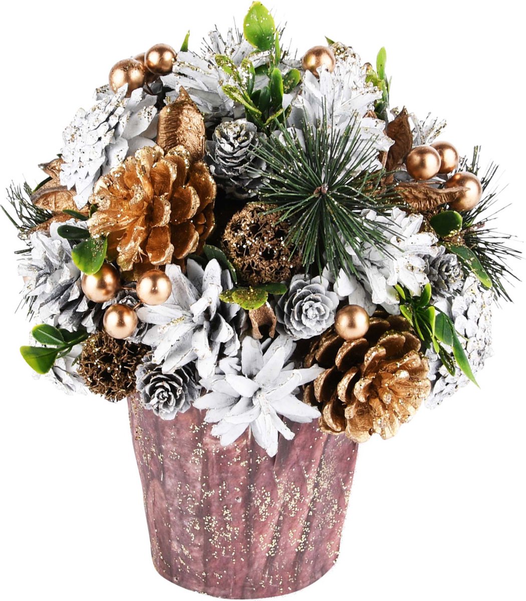 Bloemstuk / tafelstuk / kerststuk met dennenappels - Bruin / wit / groen / goud - 23 x 23 x 20 cm hoog.