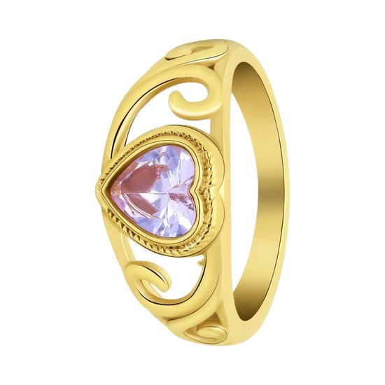 Lucardi Dames vintage ring met hart paars – Maat 57 – 18mm - Ring - Cadeau - Staal goldplated - Goudkleurig
