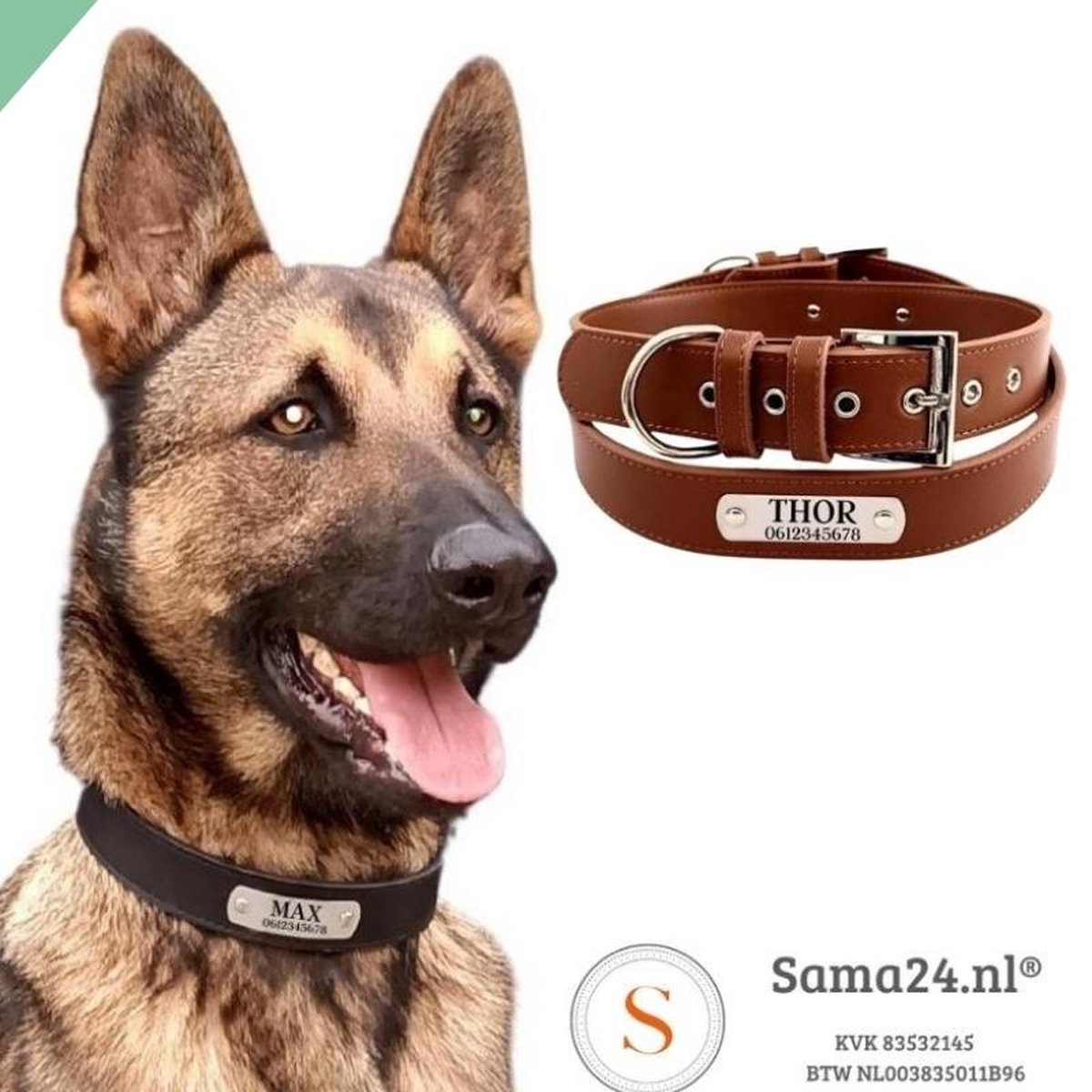 Hondenhalsband Leer met naam en telefoonnummer - Honden halsband met ID TAG - maat XL - Sama24.nl