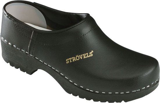 Zwarte Strovels klomp met witte stiksels en gouden logo.
