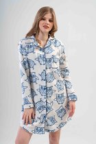 Vienetta Dames pluche, warme nachthemd - wit / blauw XL