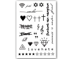 Temporary Tattoo Hart/Kruis/Diamant/Sterren/Teksten (A5 formaat) (Neptattoo - Tijdelijke tatoeage - Nep Fake Tattoos - Water overdraagbare festival sticker henna outfit tattoo - Glitter tattoo - Volwassenen Kinderen Jongen Meisje)
