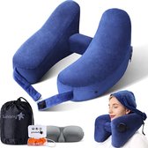 Oreiller de voyage Opblaasbaar pour le cou qui soutient confortablement la tête, le cou et le menton, oreiller d'avion avec housse en velours doux, chapeau, sac à cordon portable, masque pour les yeux 3D et bouchons d'oreilles (bleu)