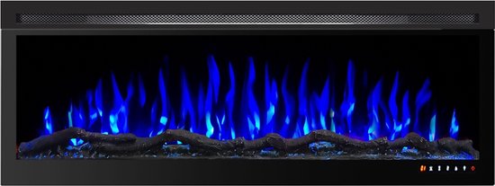Elektrische sfeerhaard met blauwe vlammen en houtblokken.