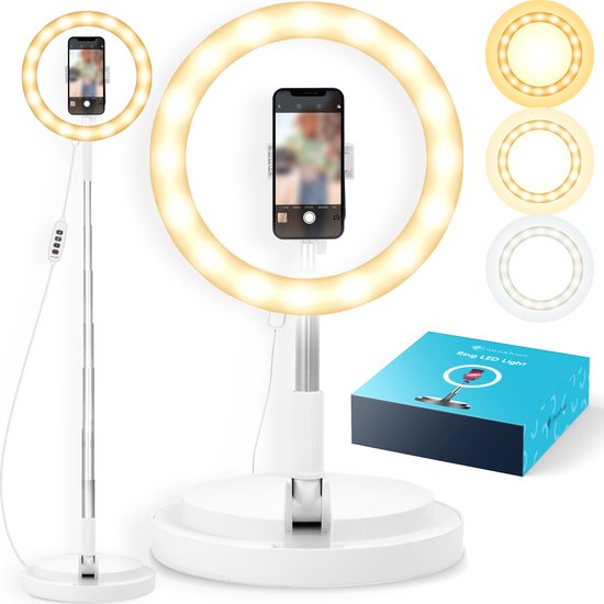iMoshion Ringlamp met Statief en Afstandsbediening - Selfie Ring Light - TikTok Lamp - Verstelbaar tot 168cm - Statief Smartphone - Wit