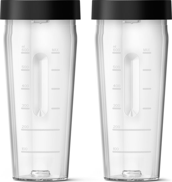 Twee transparante bekers van Philips met maataanduidingen.