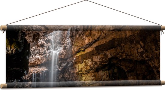 WallClassics - Textielposter - Waterval in een Grot - 90x30 cm Foto op Textiel