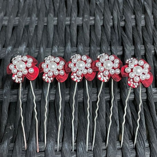 PaCaZa - Zilverkleurige Hairpins - Rode Bloem - Diamantjes en Pareltjes - 5 stuks