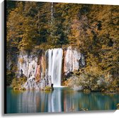 WallClassics - Canvas  - Waterval vanuit het Bos in een Meer - 100x100 cm Foto op Canvas Schilderij (Wanddecoratie op Canvas)