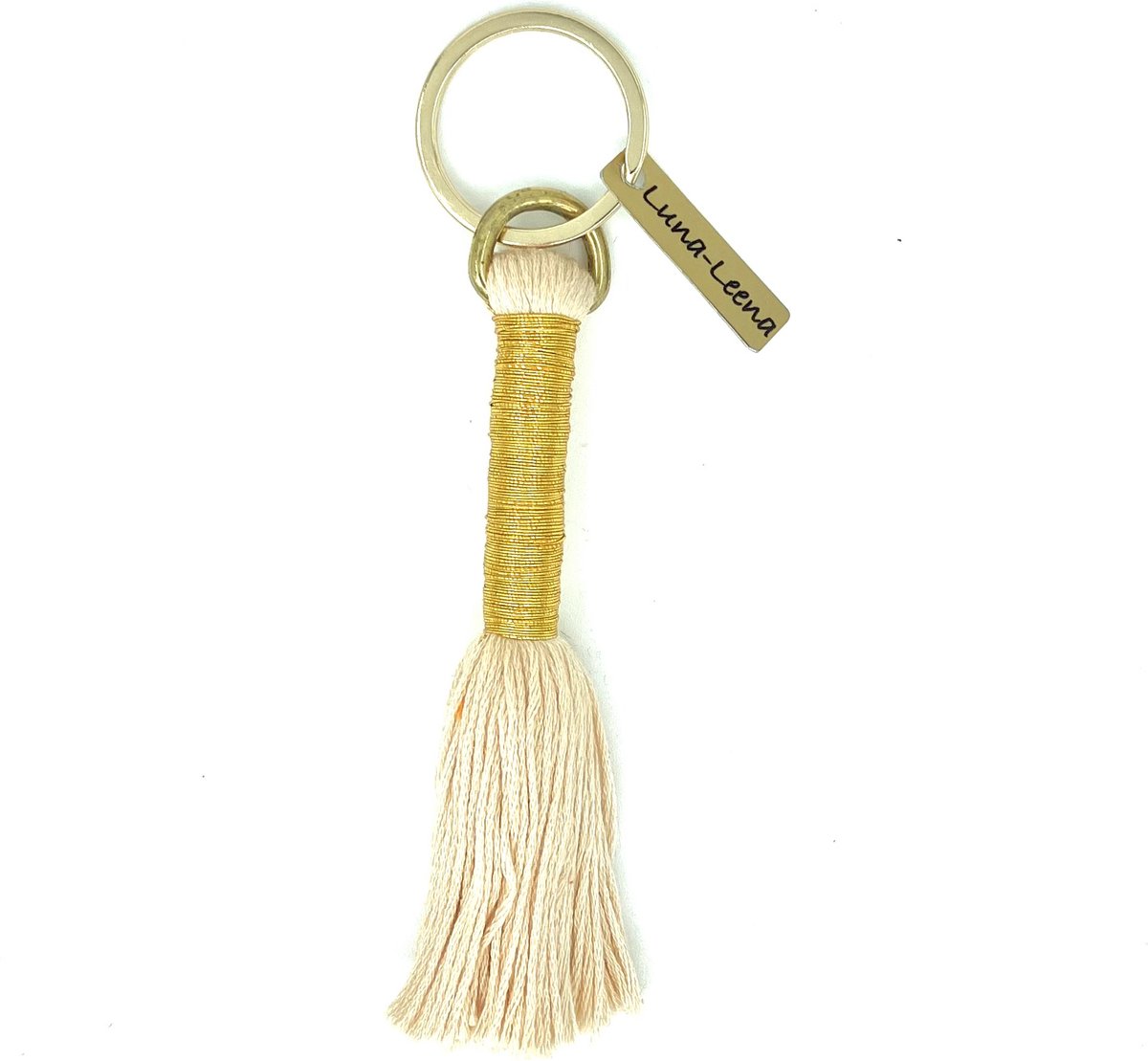 Luna-Leena duurzame sleutelhanger/ tas bedel met kwast van ecru biologisch katoen en dun goud draad - L14cm incl ring - handgemaakt in Nepal - bag hanger - long keychain tassel - bag charm - gold - moederdag cadeau - boho - Ibiza - bohemian - kerst