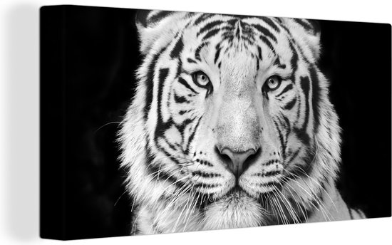 Canvas schilderij - Dieren - Tijger - Zwart - Wit - Woondecoratie - 40x20 cm - Foto op canvas - Canvas doek