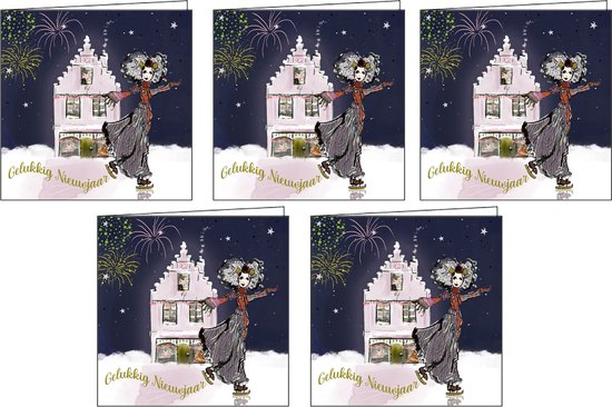 Nieuwjaarskaart - Zeeuwse nieuwjaarskaart - Zeeuws meisje - schaats - new year - 5stuk - feestdagenkaarten