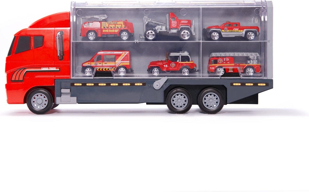 Vrachtwagen Vrachtauto Brandweervrachtwagen BrandweerTransport Auto- met Brandweerauto, Ambulance Auto, Ladderauto, Pick Up Auto, Sleepauto - 6 Brandweer Gerelateerde Auto's - Metalen Auto's — afbeelding 12